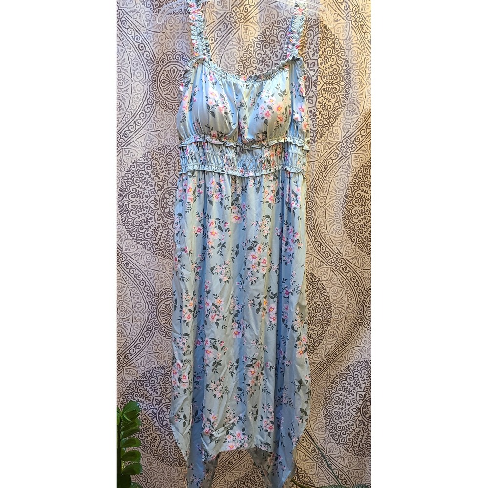 No Boundaries Midi Dress Womens L Blue Green Floral Smocked Handkerchief Hem
